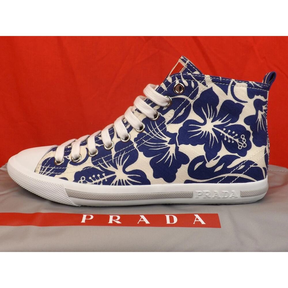 NIB PRADA 3T5731 WHITE BLUE FLORAL DENIM LEATHER CANVAS HIGH TOP SNEAKERS 35.5 - Picture 2 of 9